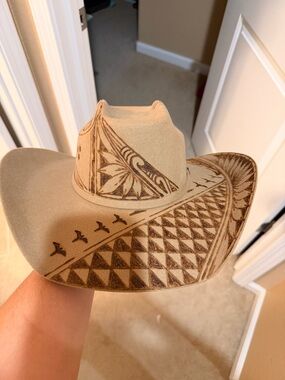 Beige Western Cowboy Hat with Burnished Tribal Detailing